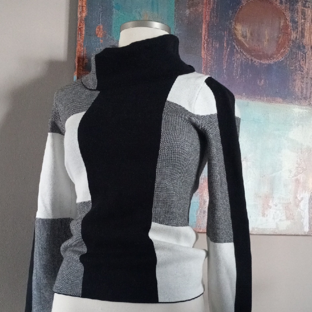 Black And White Colorblock Turtleneck Sweater